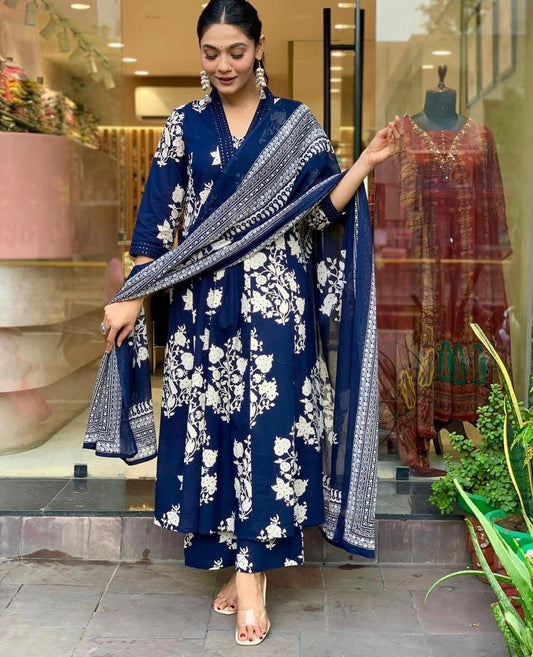Royal Indigo Floral Anarkali Set