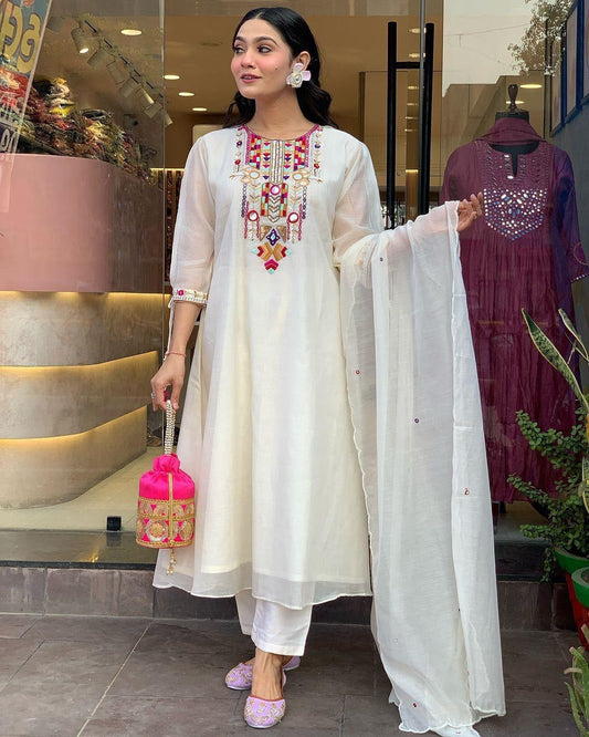 Ivory Elegance Cotton Embroidered Suit Set