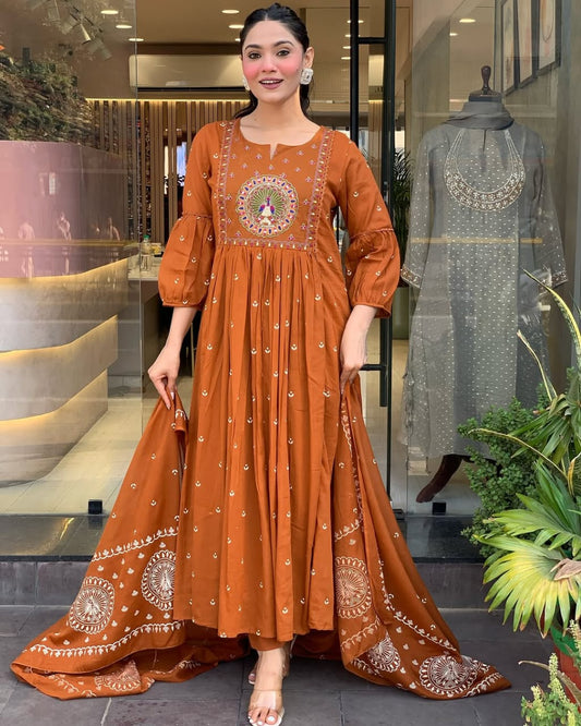 Rust Orange Hand-Embroidered Anarkali Set