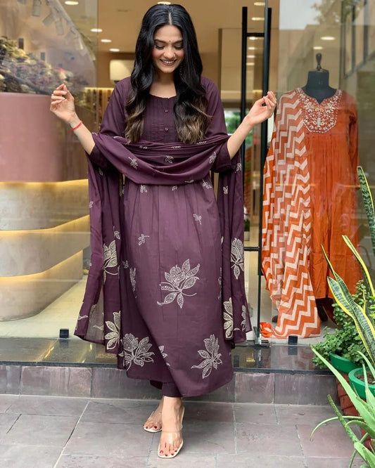 Deep Plum Embroidered Cotton Suit Set