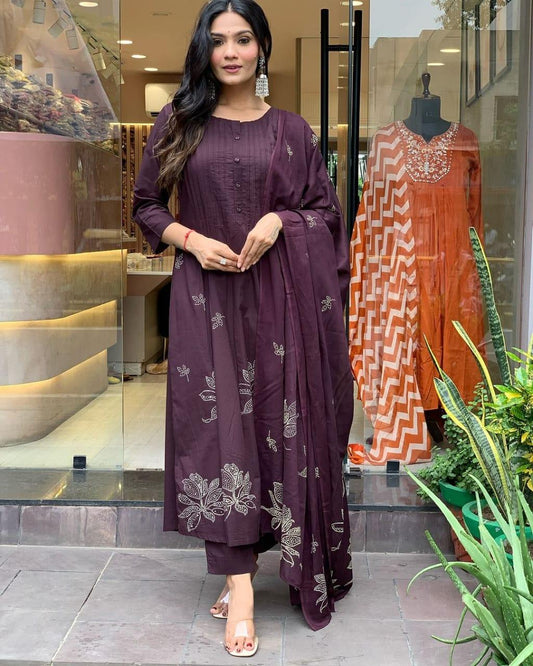 Deep Plum Embroidered Cotton Suit Set