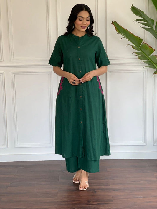 EKRIA Emerald Ease Buttoned Kurta Set - EKRIA