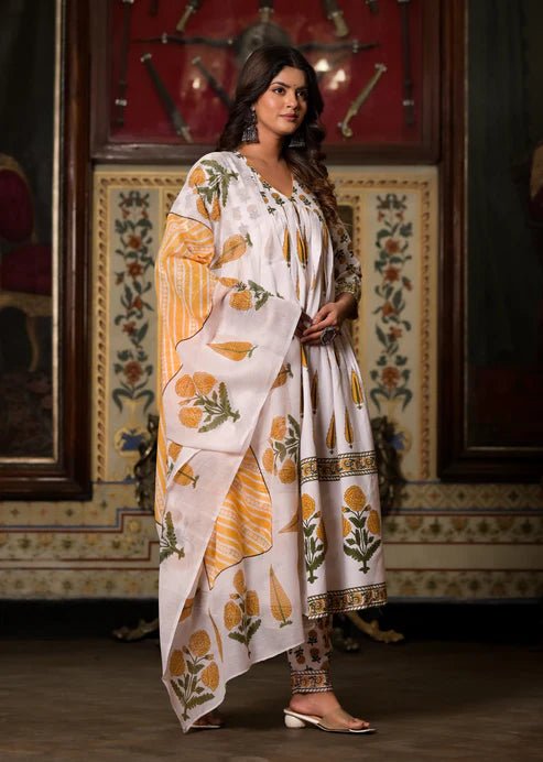 EKRIA White & Mustard Floral Printed Anarkali Set - EKRIA