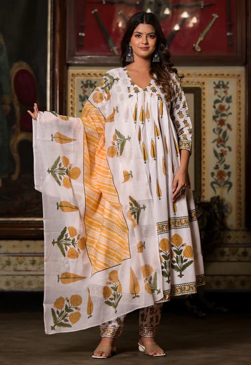 EKRIA White & Mustard Floral Printed Anarkali Set - EKRIA