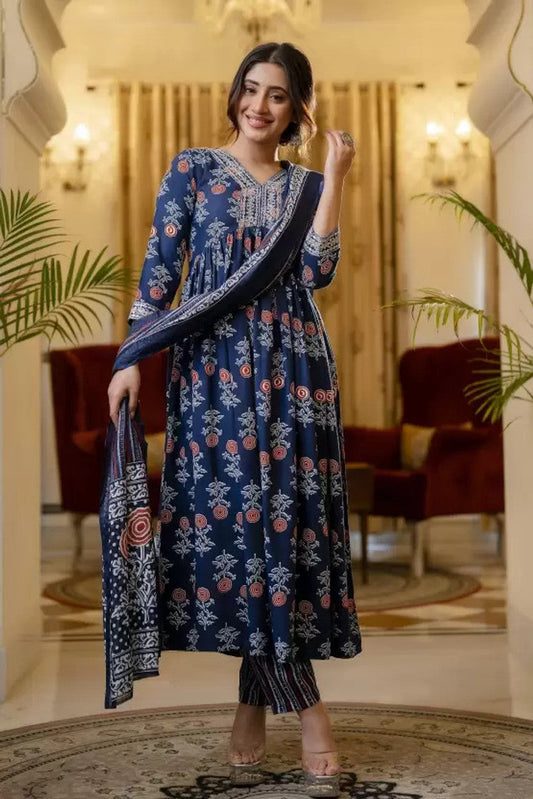 Indigo Cotton Printed Suit Set