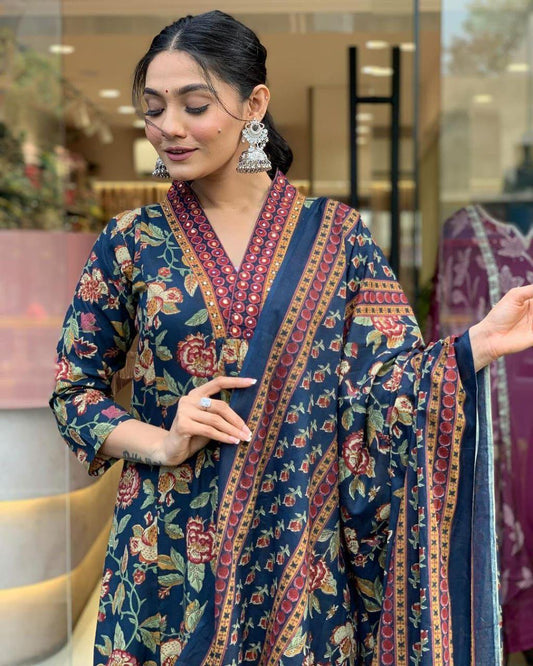 Midnight Rose Anarkali Cotton Suit Set