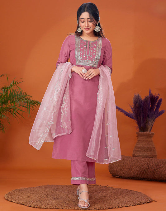Mauve Elegance Embroidered Suit Set
