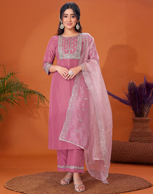 Mauve Elegance Embroidered Suit Set