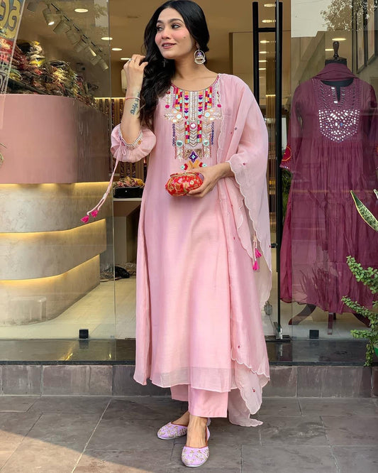 Blush Pink Cotton Embroidered Suit Set