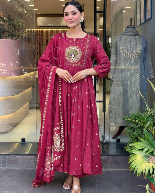 Maroon Peacock Embroidered Anarkali Set