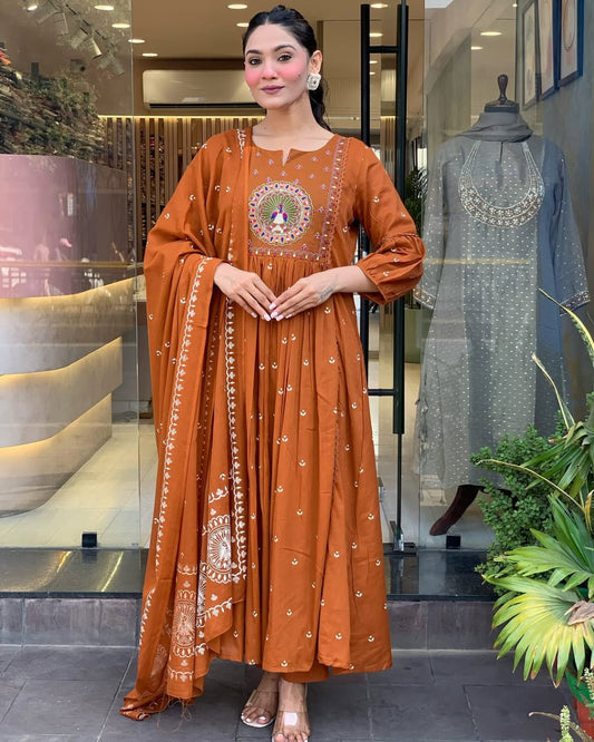 Rust Orange Hand-Embroidered Anarkali Set