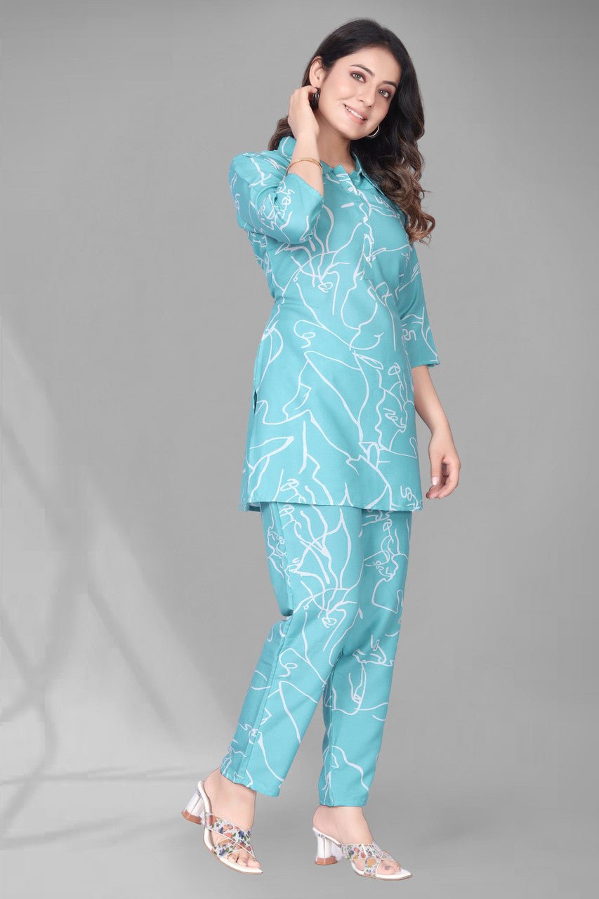 EKRIA Aqua Line Art Cotton Co - ord Suit Set - EKRIA