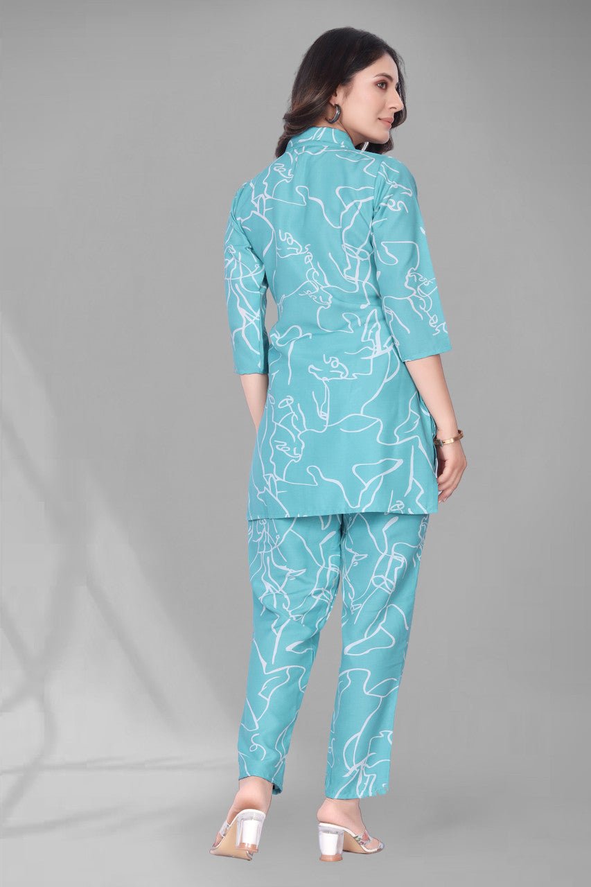 EKRIA Aqua Line Art Cotton Co - ord Suit Set - EKRIA