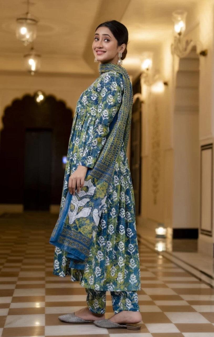 EKRIA Blue Floral Cotton Suit Set - EKRIA