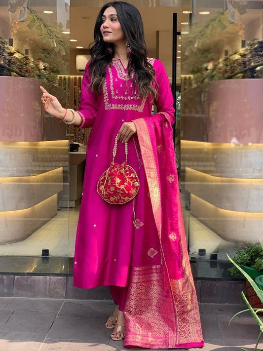 EKRIA Fuchsia Silk Embroidered Suit Set with Banarasi Dupatta - EKRIA