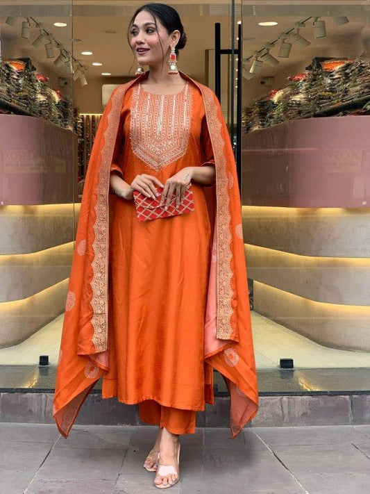EKRIA Tangerine Silk Embroidered Anarkali Suit Set - EKRIA