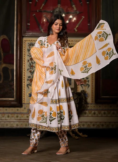 EKRIA White & Mustard Floral Printed Anarkali Set - EKRIA