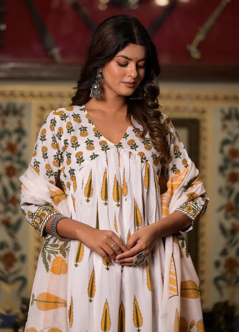 EKRIA White & Mustard Floral Printed Anarkali Set - EKRIA