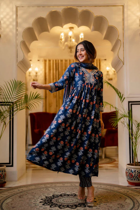 Indigo Cotton Printed Suit Set