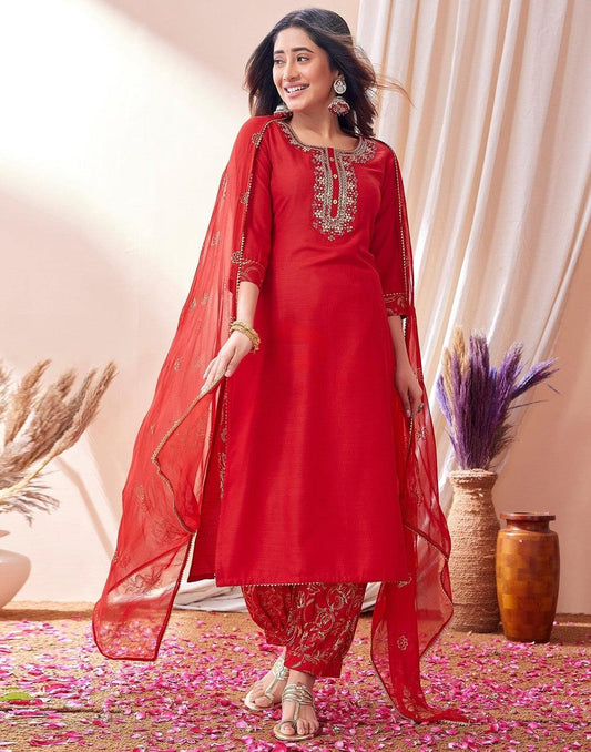Red Embroidered Festive Suit Set