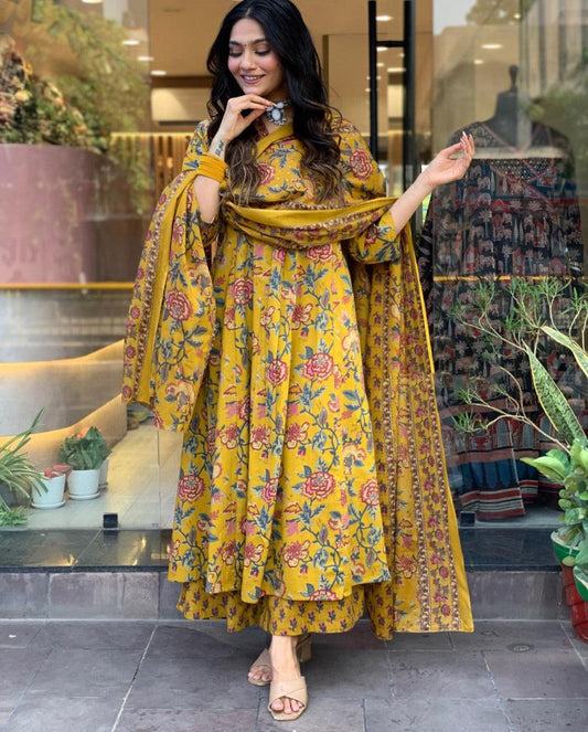 Mustard Floral Anarkali Cotton Suit Set