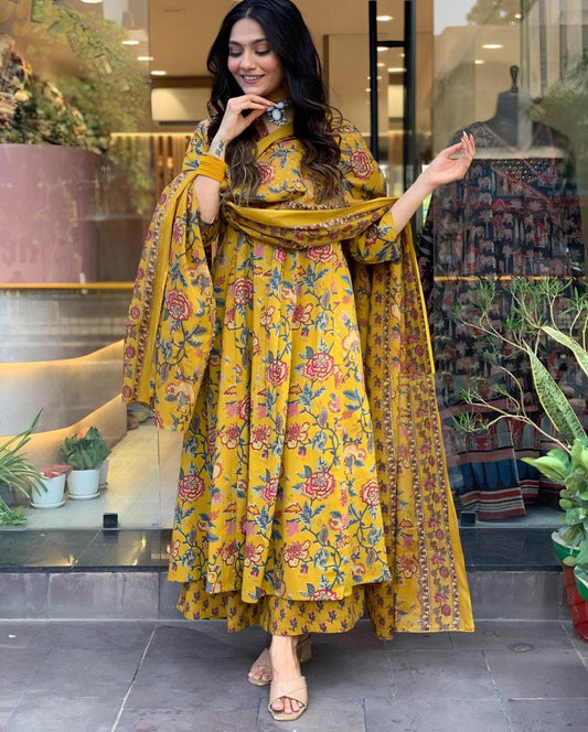 Mustard Floral Anarkali Cotton Suit Set