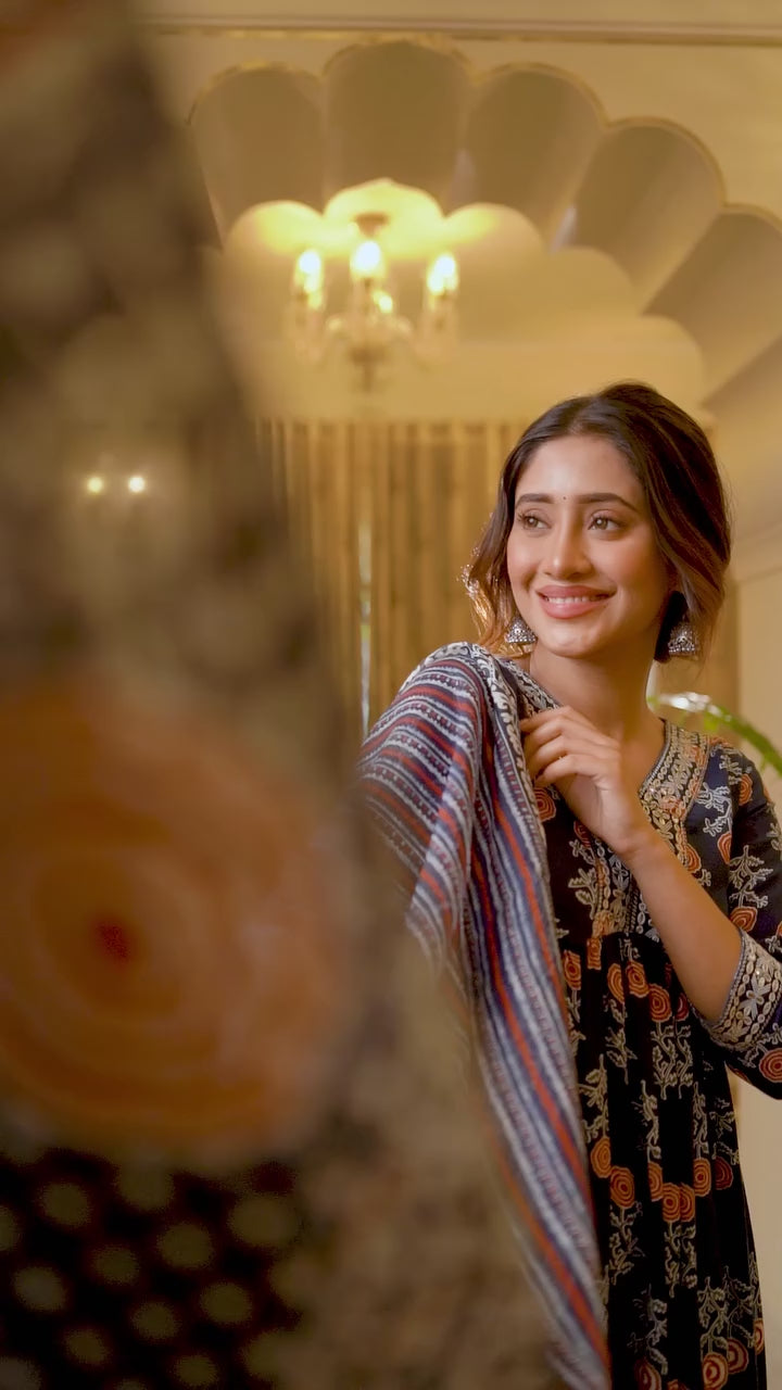 Indigo Cotton Printed Suit Set