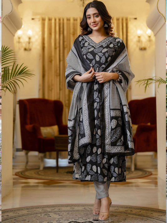 Black & White Printed Cotton Suit Set